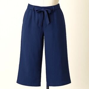 ModCloth XL Navy Blue Cropped Wide Leg Belted Culottes Pants Pleated Tie Waist